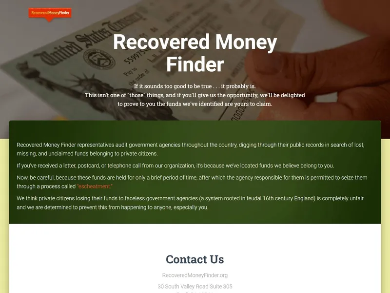 Recovered Money Finder website screenshot